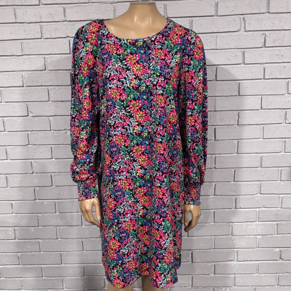 Lilly Pulitzer Neon Floral Shift Dress Smocked Cuff Preppy Excellent XL